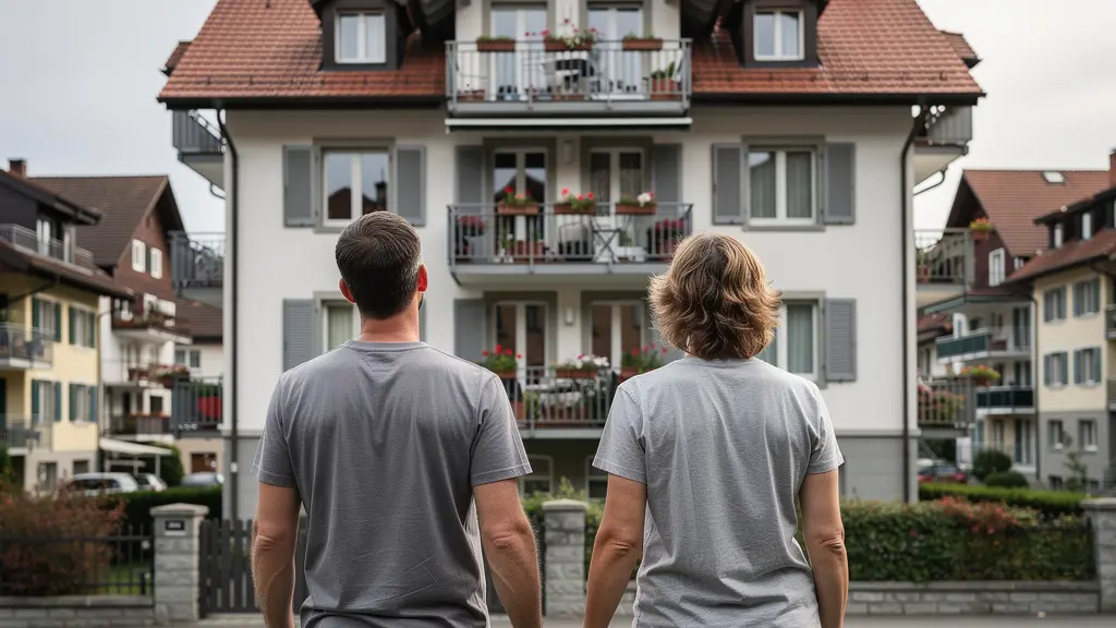 Immobilienmakler bei Hausbesichtigung vor Schweizer Mehrfamilienhaus