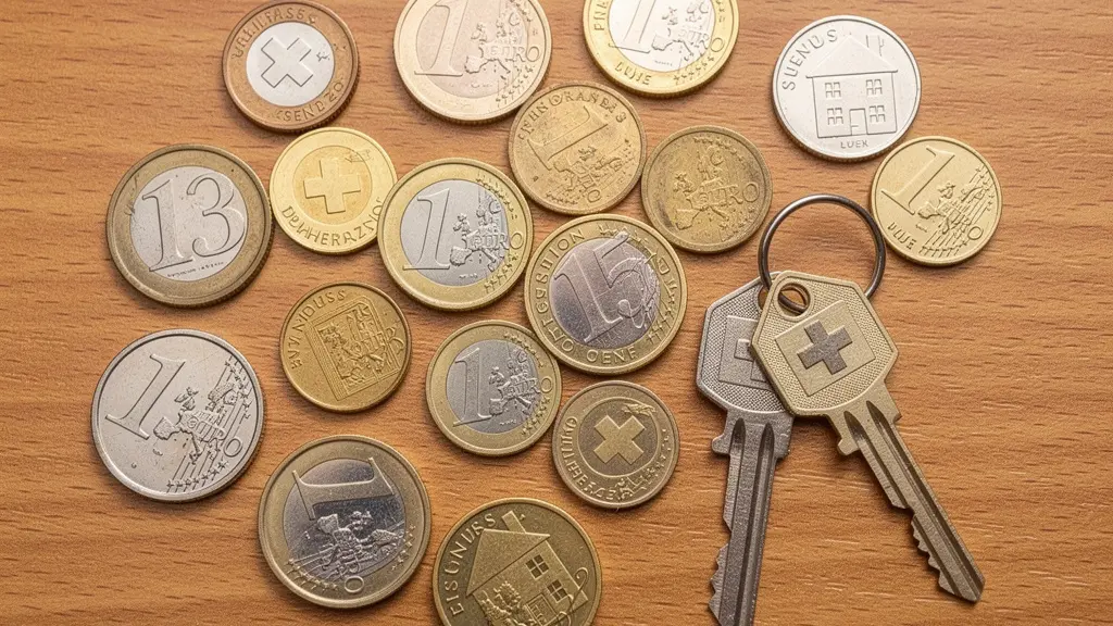 Schweizer Franken Münzen und Hausschlüssel für Immobilienkosten