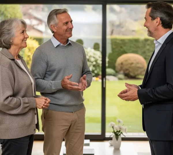 Ehepaar im Gespräch mit Immobilienberater in modernem Schweizer Wohnzimmer