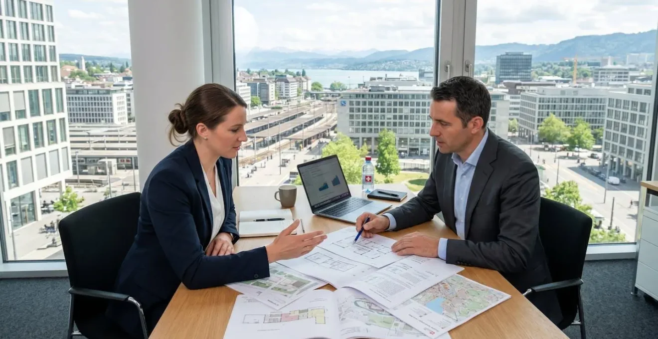 Zwei Personen sitzen an einem modernen Schreibtisch in einem Zürcher Büro und prüfen gemeinsam Immobilienunterlagen, Aufnahme über die Schulter zeigt natürliche Zusammenarbeit