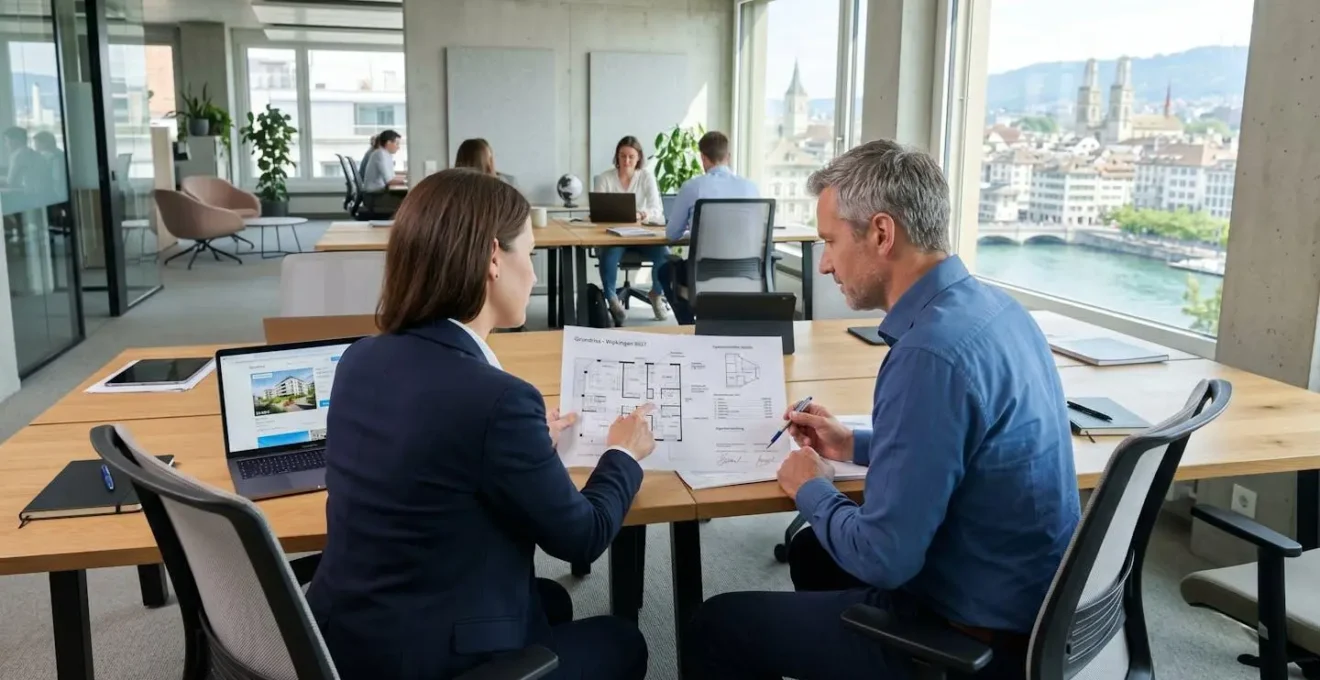 Zwei Personen sitzen an einem modernen Schreibtisch in einem Zürcher Büro und prüfen gemeinsam Immobilienunterlagen, Aufnahme über die Schulter zeigt natürliche Zusammenarbeit