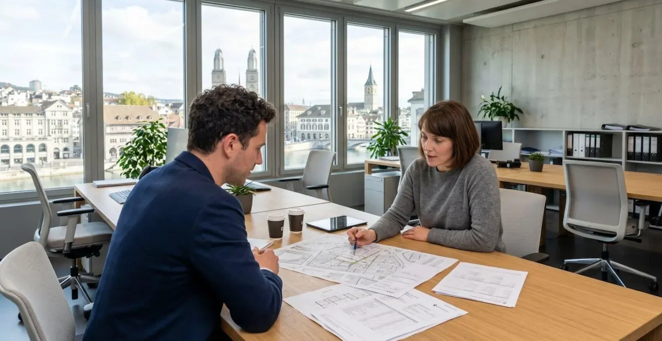 Zwei Personen sitzen an einem modernen Schreibtisch in einem Zürcher Büro und prüfen gemeinsam Immobilienunterlagen, Aufnahme über die Schulter zeigt natürliche Zusammenarbeit