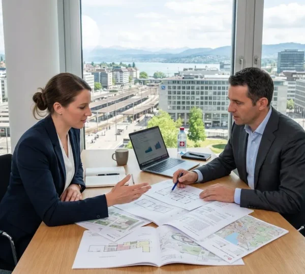 Zwei Personen sitzen an einem modernen Schreibtisch in einem Zürcher Büro und prüfen gemeinsam Immobilienunterlagen, Aufnahme über die Schulter zeigt natürliche Zusammenarbeit