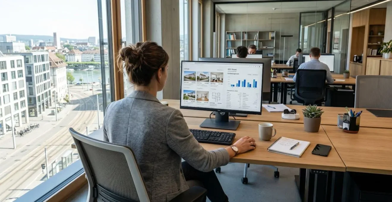 Immobilienfachperson von hinten betrachtet vor Computerbildschirm mit Immobilienangeboten und Transaktionsdaten, modernes Büro in Basel, Tageslicht durch Fenster