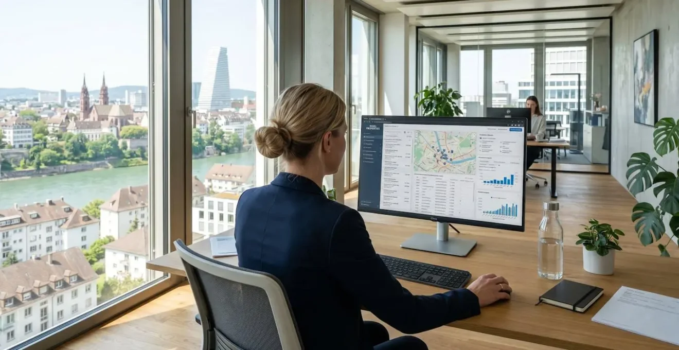 Immobilienfachperson von hinten betrachtet vor Computerbildschirm mit Immobilienangeboten und Transaktionsdaten, modernes Büro in Basel, Tageslicht durch Fenster