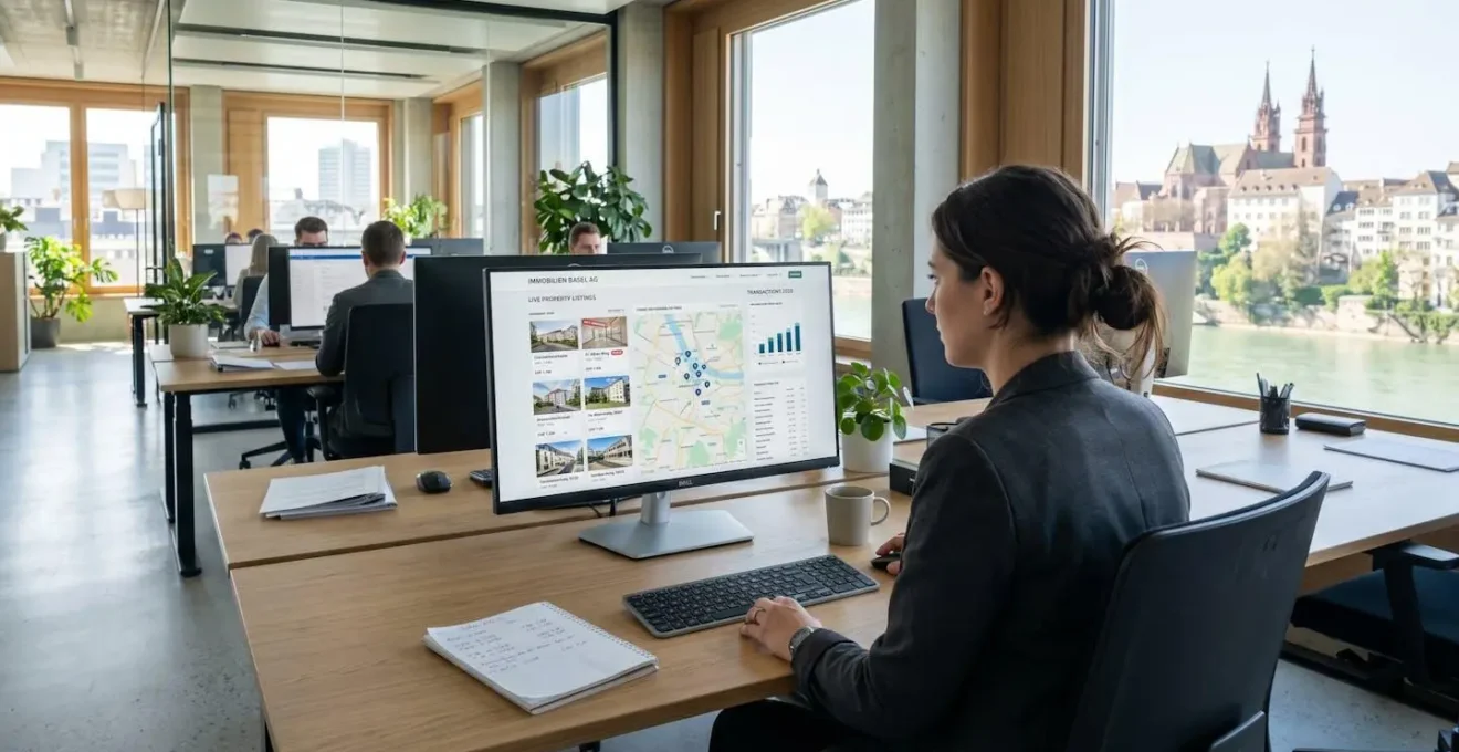 Immobilienfachperson von hinten betrachtet vor Computerbildschirm mit Immobilienangeboten und Transaktionsdaten, modernes Büro in Basel, Tageslicht durch Fenster