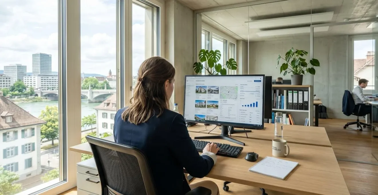 Immobilienfachperson von hinten betrachtet vor Computerbildschirm mit Immobilienangeboten und Transaktionsdaten, modernes Büro in Basel, Tageslicht durch Fenster