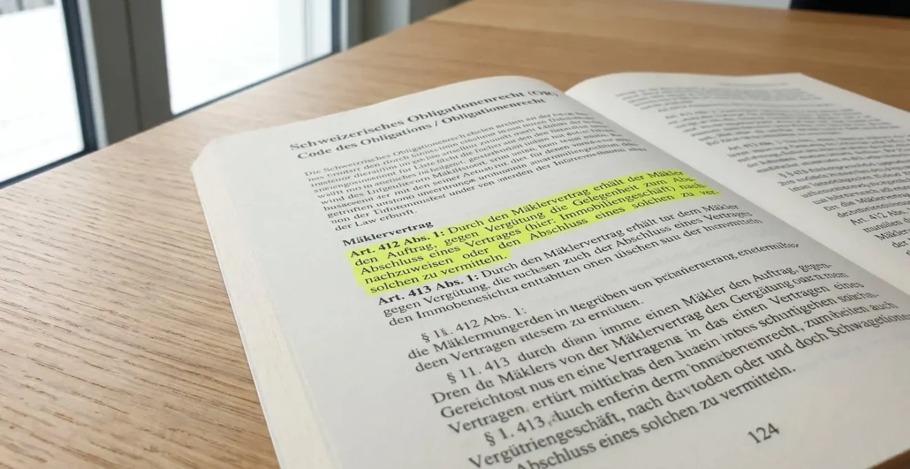 Extreme Nahaufnahme einer aufgeschlagenen Seite des Schweizerischen Obligationenrechts mit hervorgehobener Textpassage zum Mäklervertrag, geringe Schärfentiefe, moderne Schreibtischoberfläche