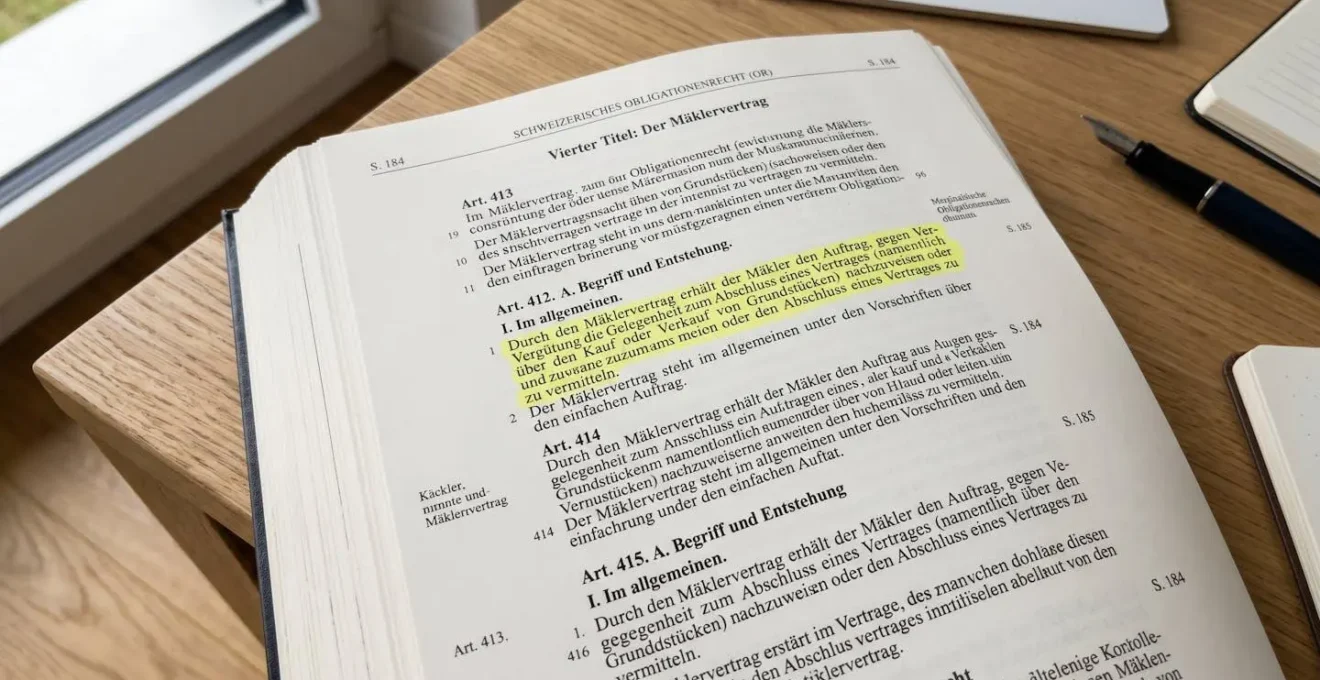 Extreme Nahaufnahme einer aufgeschlagenen Seite des Schweizerischen Obligationenrechts mit hervorgehobener Textpassage zum Mäklervertrag, geringe Schärfentiefe, moderne Schreibtischoberfläche